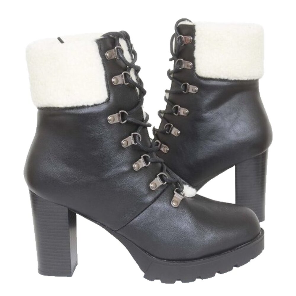 Womens10 Faux Shearling‎ Lug Sole Block Heels Platform Lace Up Bootie Festival